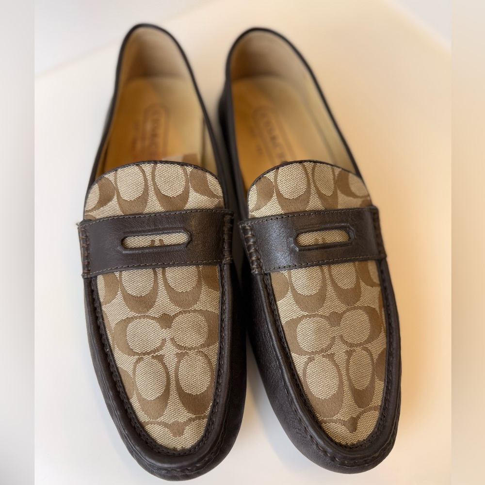 Coach Men’s Neal Signature C Jacquard Leather Driving Loafers Brown Q907 Size 13 - Picture 4 of 12